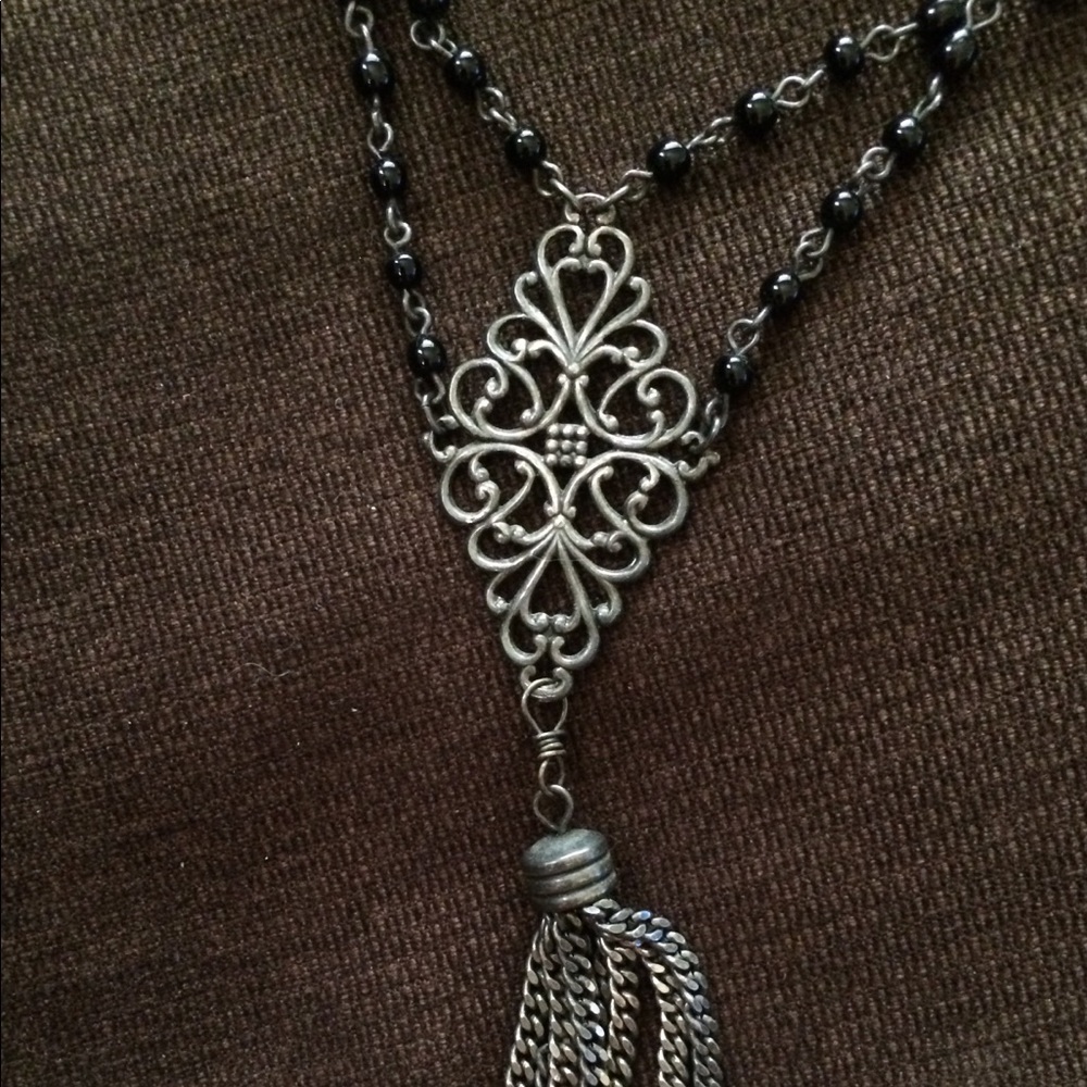 Vintage Style Black Bead & Tassel Tiered Necklace
